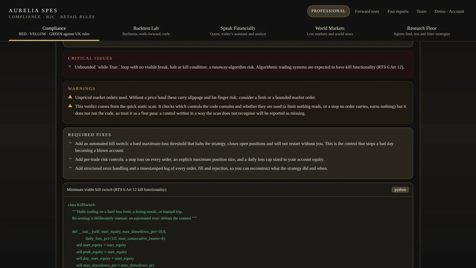 The required fixes for a strategy that failed its check, with a minimum viable kill switch shown as Python code.
