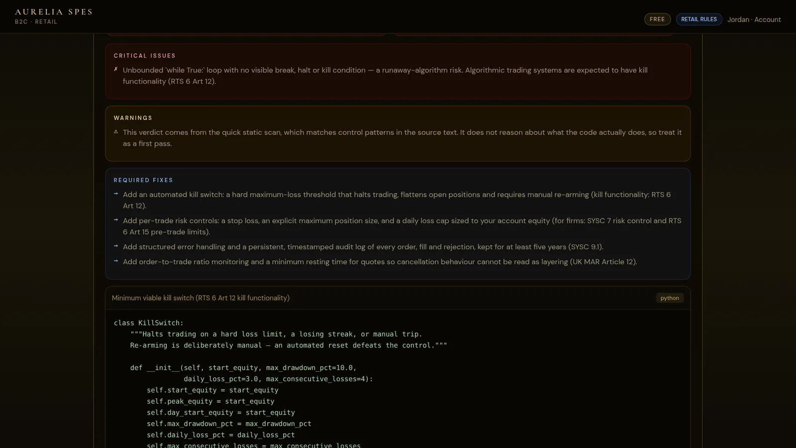 The required fixes and suggested code for a strategy that failed its check.