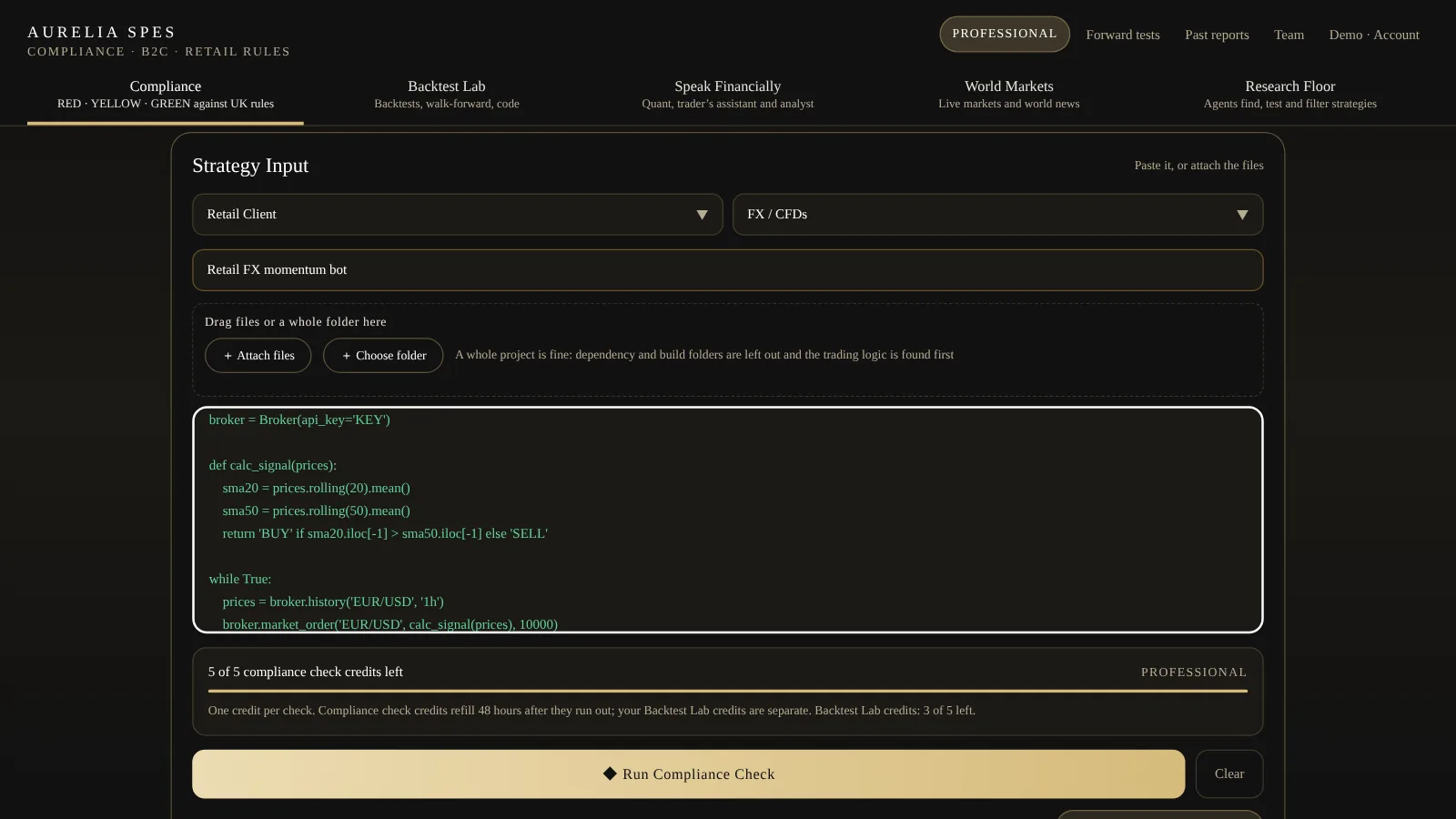 The strategy input screen: account type and asset class selectors, a drop zone for files or a whole folder, the code panel and the remaining check credits.