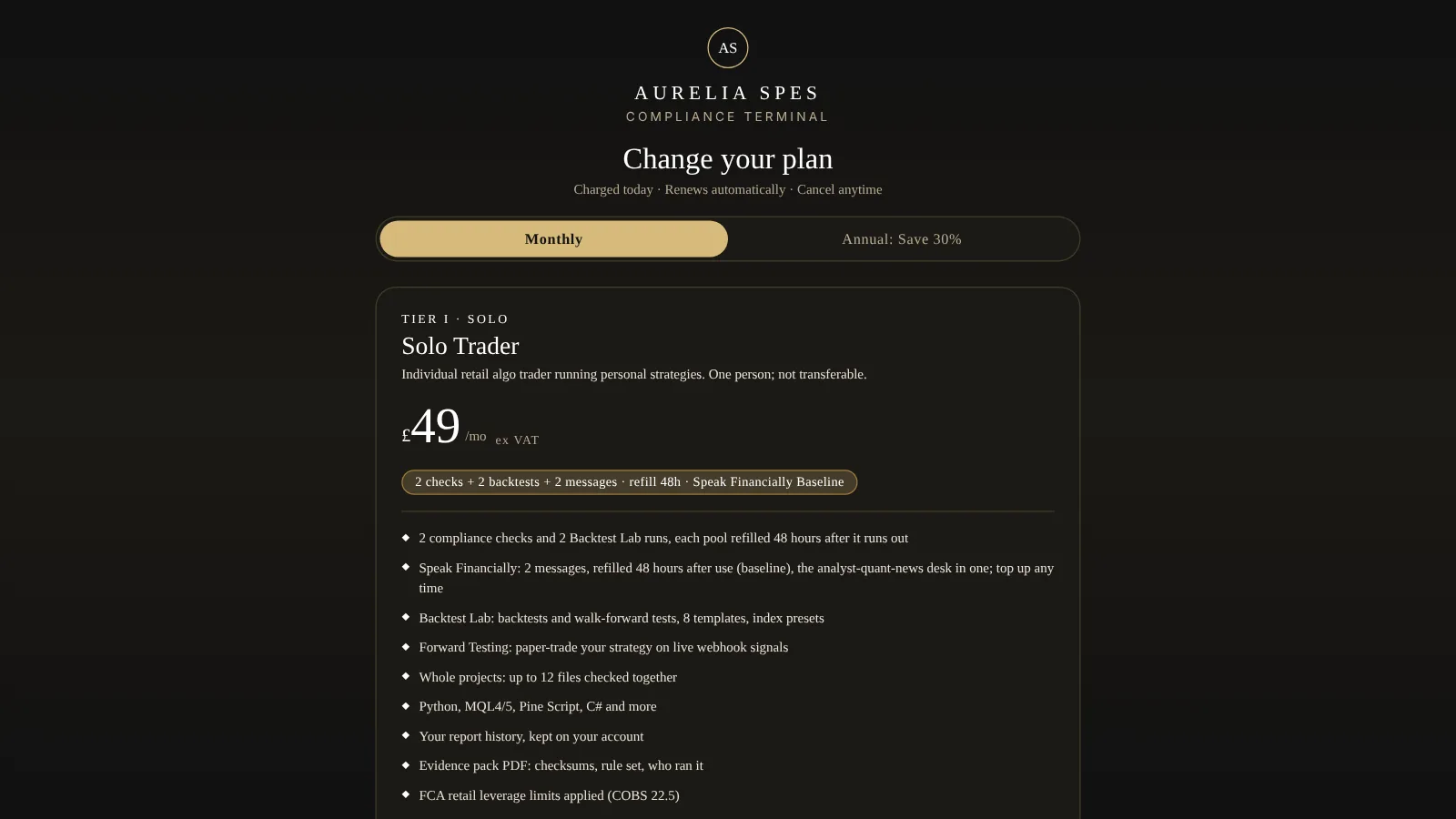 The plan selection screen in the app, with the run credits and the Speak Financially messages each plan includes.