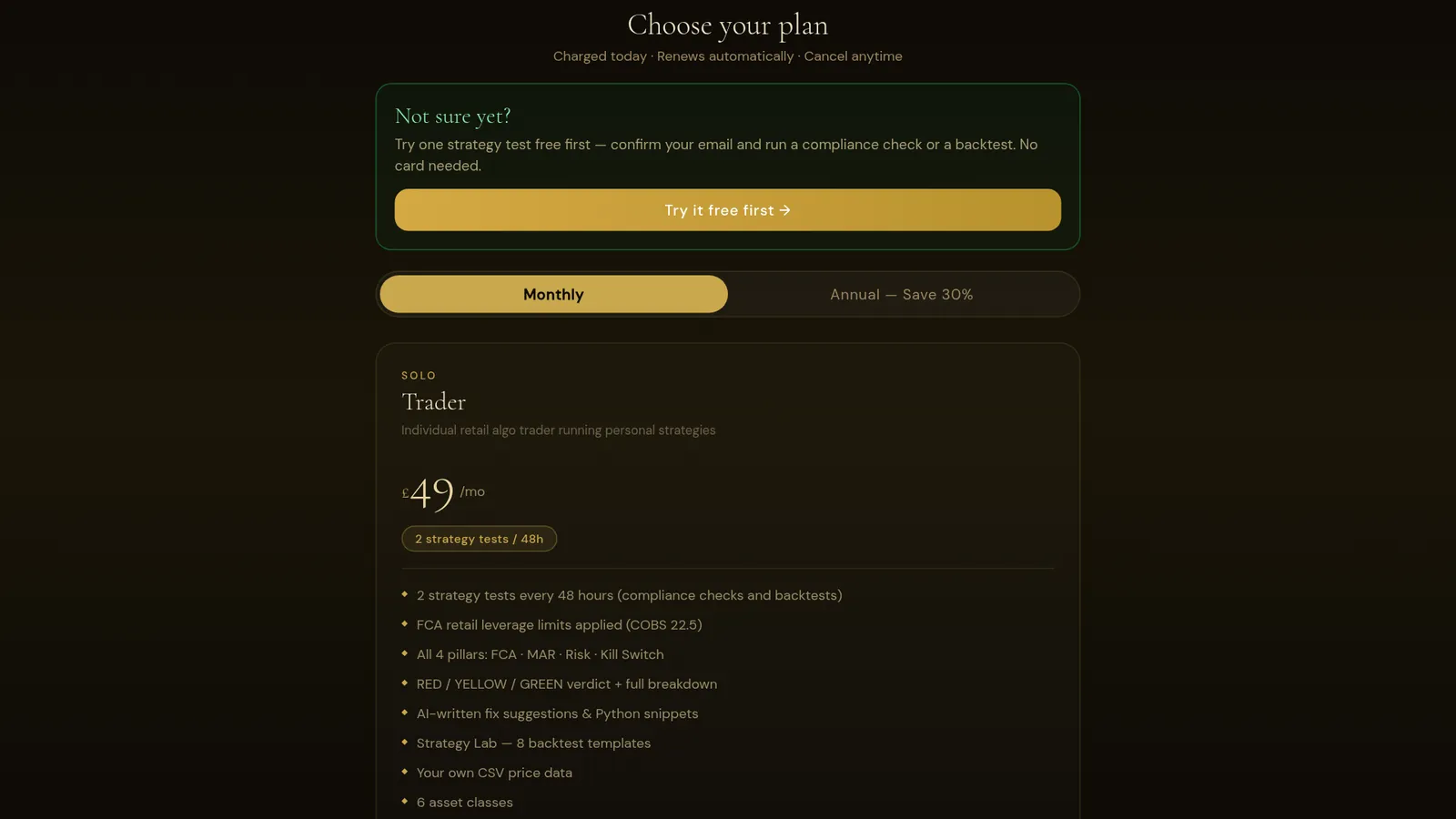 The plan selection screen in the app.