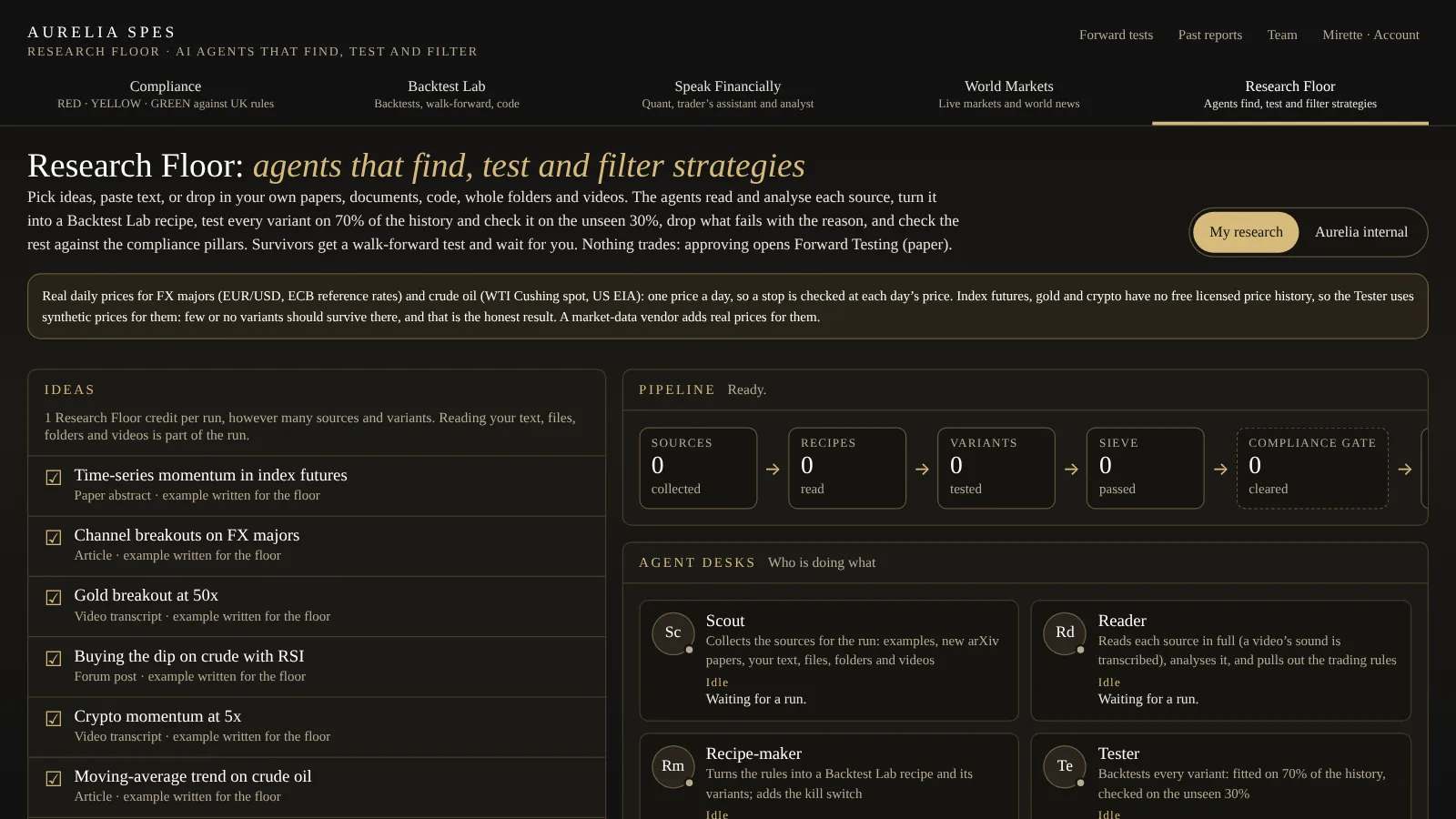The Research Floor screen in Aurelia Spes, dark theme