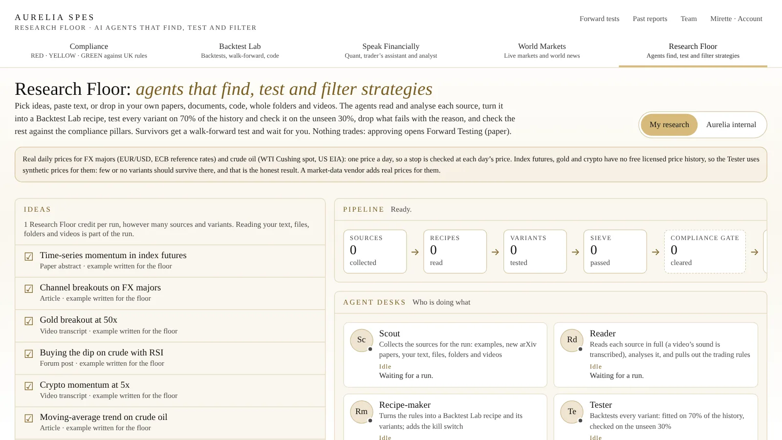 The Research Floor: the ideas picked for a run, the pipeline from sources to the compliance gate, and the agent desks showing what each agent did.