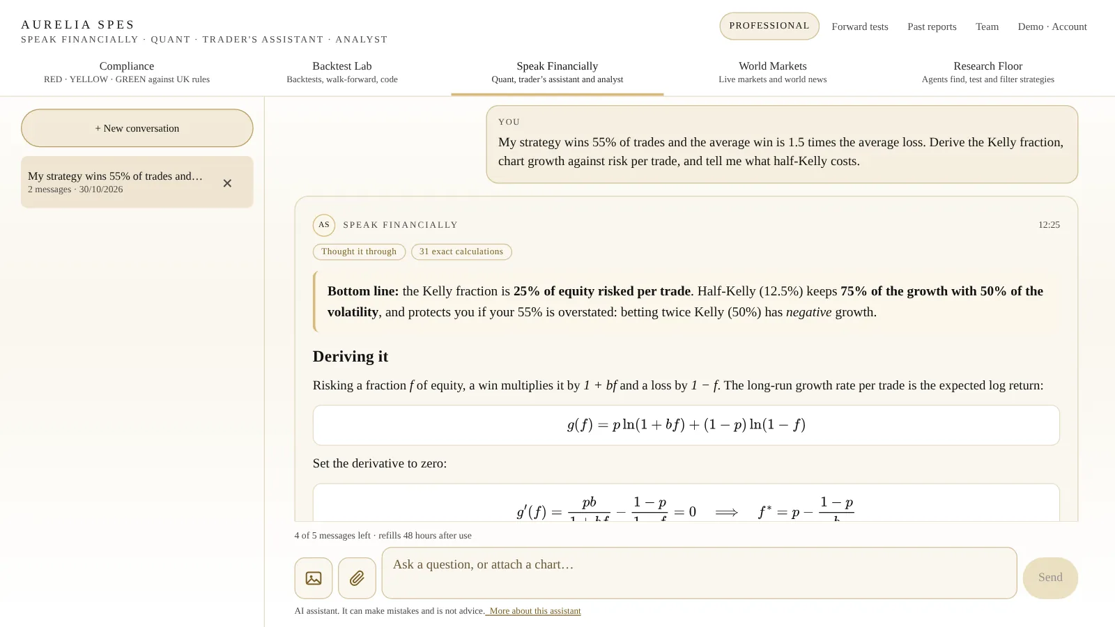 Speak Financially: the saved conversation on the left, and an answer that derives the Kelly fraction step by step with typeset equations.