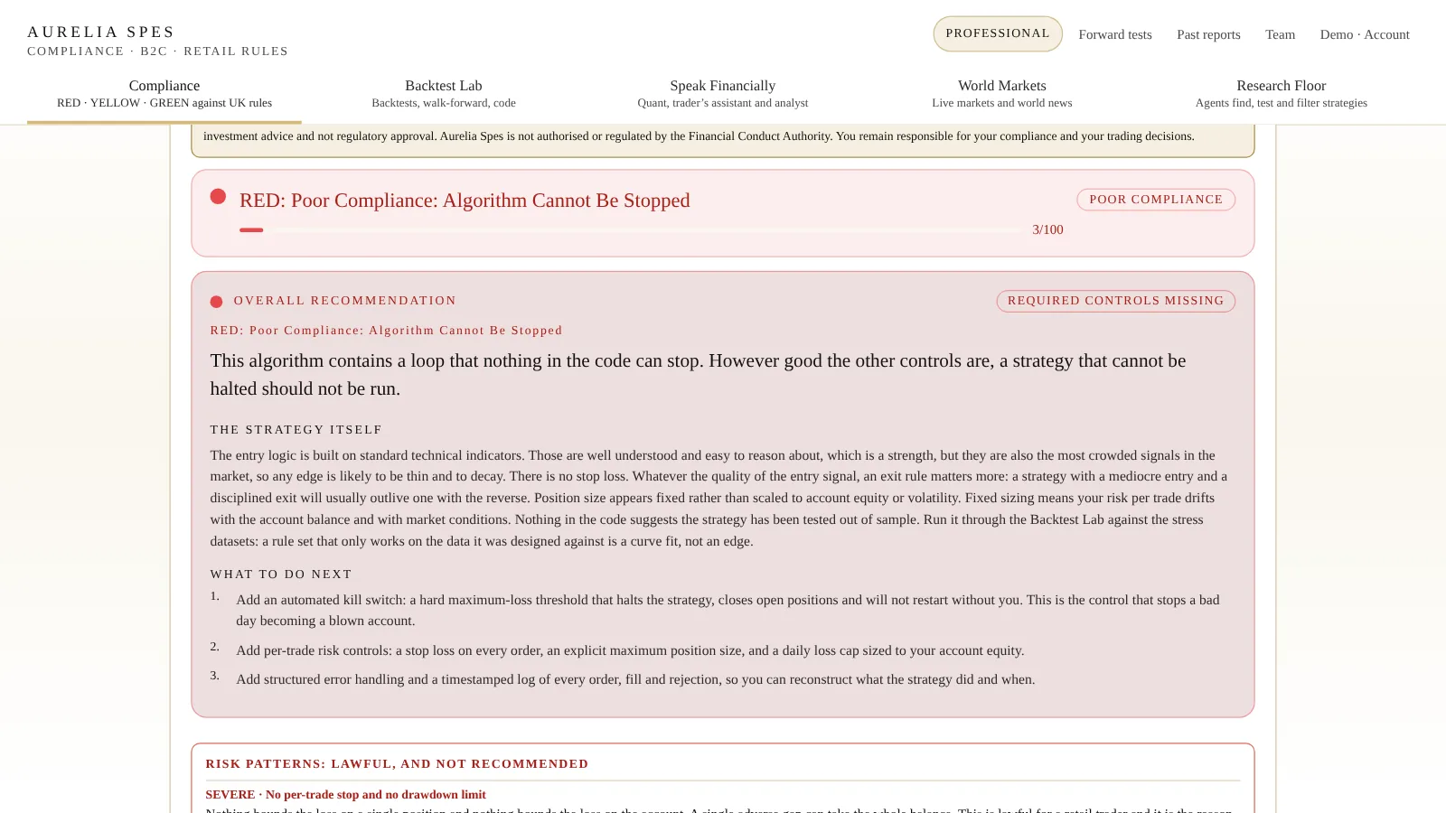 The Compliance Check screen in Aurelia Spes